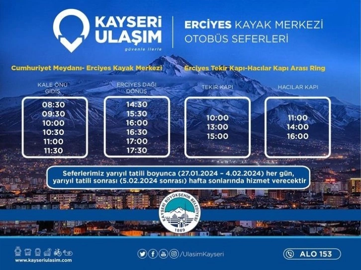 Büyükşehir’den Erciyes otobüs seferlerine ‘yarıyıl tatili’ düzenlemesi