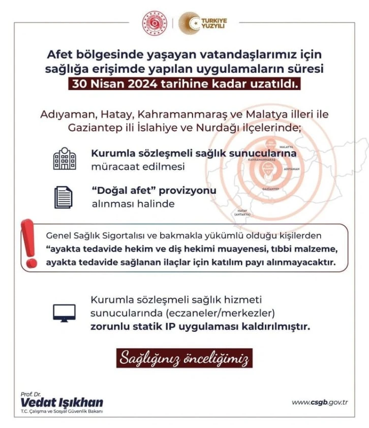 Deprem bölgesinde sağlığa erişim için yapılan uygulamalar 30 Nisan 2024’e kadar uzatıldı