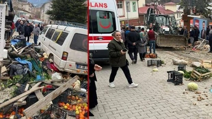 Panik anları: Freni boşalan iş makinesi pazara daldı!