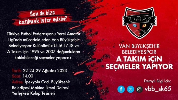 Van Büyükşehir Belediyespor A Takım için seçmeler yapıyor