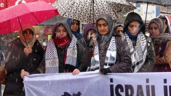 Van'daki sağlık çalışanlarından kar yağışı altında Gazze için 'sessiz protesto'