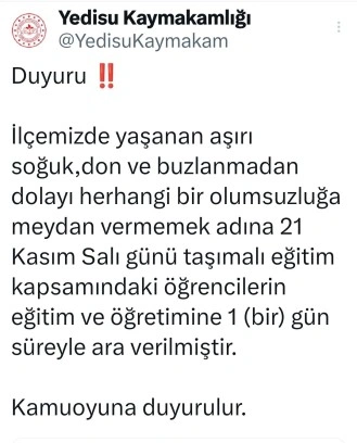 Yedisu’da taşımalı eğitime 1 gün ara verildi