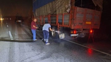 Seyir halindeki kamyonun lastikleri alev aldı