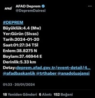 Sivas’ta 4.4 büyüklüğünde deprem